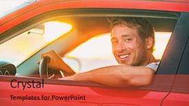  Presentation with eco friendly car concept - Audience pleasing PPT theme consisting of vacation man driving electric car backdrop and a red colored foreground