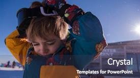  Presentation with sports wear ski goggles - Presentation theme having vacation on beautiful alpine mountain background and a  colored foreground