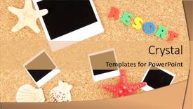  Presentation with bulletin board cork pin - PPT layouts with vacation photo album - cork board with commemorative notes background and a yellow colored foreground