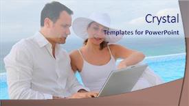  Presentation with swimming pool - Audience pleasing presentation theme consisting of vacation photo album - couple using laptop computer backdrop and a sky blue colored foreground