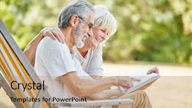  Presentation with active seniors senior e - Theme with vacation photo album - happy seniors reading a book background and a coral colored foreground
