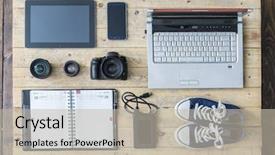  Presentation with vacation album - PPT theme featuring vacation photo album - outfit of a stylish traveler background and a soft green colored foreground