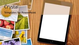  Presentation with vacation album - Beautiful PPT theme featuring vacation photo album - tablet with blank screen backdrop and a gold colored foreground