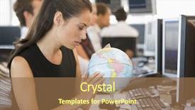  Presentation with globe - Colorful presentation theme enhanced with vacation plans - businesswoman in office space backdrop and a  colored foreground