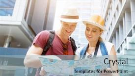  Presentation with translucent odisha map - Amazing PPT theme having vacation plans - happy young couple as tourists backdrop and a light blue colored foreground