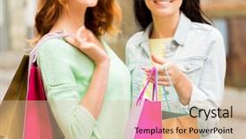  Presentation with consumerism - Beautiful presentation theme featuring vacation sale leisure consumerism and friendship concept - close up of happy young women or teenage girls with shopping bags on city street backdrop and a lemonade colored foreground