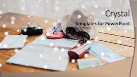  Presentation with personal - Beautiful presentation theme featuring vacation tourism and objects concept - close up of travel map airplane tickets money and personal accessories backdrop and a light gray colored foreground