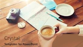  Presentation with destination - Colorful slide deck enhanced with vacation tourism travel destination and people concept - close up of hands with coffee cup and travel stuff backdrop and a coral colored foreground