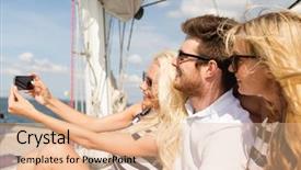  Presentation with travel friends - Slides enhanced with smiling friends sitting on yacht background and a lemonade colored foreground