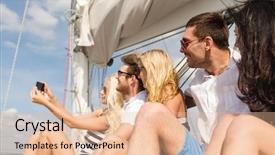  Presentation with travel friends - Cool new PPT theme with vacation travel sea friendship and people concept - smiling friends sitting on yacht deck and making selfie backdrop and a coral colored foreground