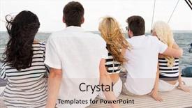  Presentation with travel friends - Presentation theme consisting of vacation travel sea friendship and people concept - group of friends sailing and sitting on yacht deck background and a soft green colored foreground