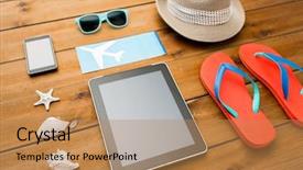  Presentation with tourism - Presentation enhanced with vacation travel tourism technology and objects concept - close up of tablet pc computer and travel stuff background and a coral colored foreground