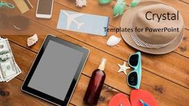  Presentation with travel and tourism - Slides with vacation travel tourism technology and objects concept - close up of tablet pc computer and travel stuff background and a coral colored foreground