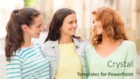  Presentation with weekend - PPT theme with vacation weekend leisure and friendship concept - smiling teenage girls on street background and a soft green colored foreground