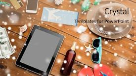  Presentation with ticket - Slides with vacation winter holidays tourism and technology concept - tablet pc computer airplane ticket and travel stuff over snow background and a coral colored foreground