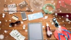  Presentation with ticket - PPT theme having vacation winter holidays tourism and technology concept - tablet pc computer airplane ticket and travel stuff over snow background and a coral colored foreground