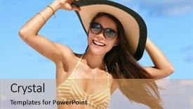  Presentation with summer sun - Audience pleasing presentation consisting of vacation woman enjoying the sun backdrop and a yellow colored foreground