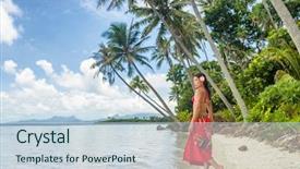  Presentation with luxury travel - Beautiful presentation theme featuring vacation woman walking in polynesia backdrop and a sky blue colored foreground