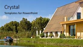  Presentation with family dreams of vacation - PPT theme featuring vacational residence of a rich family in the riverside background and a light blue colored foreground