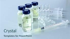  Presentation with eutanasia vial sodium thiopental - Audience pleasing PPT layouts consisting of vaccine in vial with syringe backdrop and a sky blue colored foreground