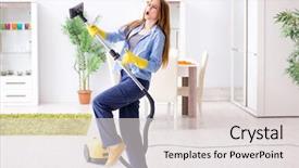  Presentation with floor care and cleaning services - Amazing presentation theme having vacuum cleaner - young woman cleaning floor backdrop and a light gray colored foreground