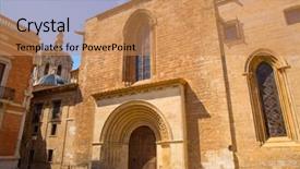  Presentation with spain - Presentation design featuring valencia-cathedral-romanesque-door-puerta background and a coral colored foreground