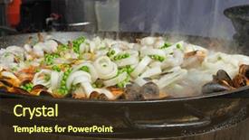  Presentation with seafood paella - Presentation theme enhanced with valencian rice dish seafood paella - sliced squid shrimp mussel green beans being cooked in a large shallow pan background and a tawny brown colored foreground