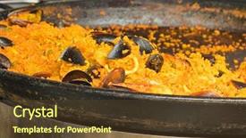  Presentation with seafood paella - Slides consisting of valencian rice dish seafood paella - sliced squid shrimp mussel green beans being cooked in a large shallow pan background and a tawny brown colored foreground