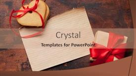  Presentation with greeting card - Beautiful slide deck featuring valentine's day greeting card with heart shaped cookies and gift box on wooden background top view with space for your greetings flat lay backdrop and a coral colored foreground