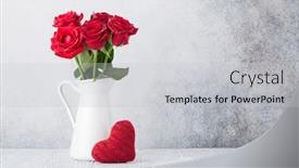  Presentation with heart flowers - Theme featuring valentine's day greeting card with red rose flowers bouquet and knitted heart in front of stone wall with space for your greetings background and a light gray colored foreground