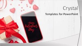  Presentation with smart card - Presentation enhanced with valentine's day greeting card with gift box and smartphone on wooden background top view with space for your greetings or smart phone app flat lay background and a white colored foreground