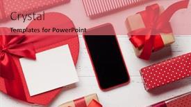  Presentation with smart card - Amazing presentation theme having valentine's day greeting card with heart gift boxes and smartphone on wooden background top view with space for your greetings or smart phone app flat lay backdrop and a coral colored foreground