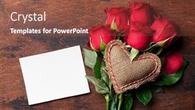  Presentation with heart flowers - PPT theme consisting of valentine's day greeting card with red rose flowers bouquet and knitted heart on wooden background top view with space for your greetings background and a tawny brown colored foreground