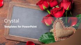  Presentation with greeting card - Audience pleasing presentation theme consisting of valentine's day greeting card with red rose flowers bouquet on wooden background top view with chalkboard for your greetings backdrop and a gray colored foreground
