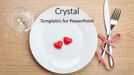  Presentation with candy heart - Audience pleasing PPT theme consisting of valentine's day heart shaped candy over plate with silverware and wine glass on wooden table background backdrop and a lemonade colored foreground