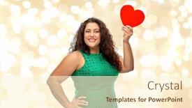  Presentation with green lights - Slide set with valentine's day holidays and love concept - happy woman in green dress holding red heart over festive lights on beige background background and a cream colored foreground