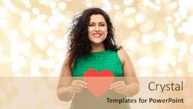  Presentation with green lights - Colorful presentation design enhanced with valentine's day holidays and love concept - happy woman in green dress holding red heart over festive lights on beige background backdrop and a lemonade colored foreground
