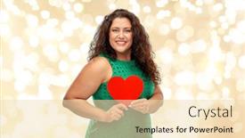  Presentation with green lights - Beautiful PPT theme featuring valentine's day holidays and love concept - happy woman in green dress holding red heart over festive lights on beige background backdrop and a lemonade colored foreground