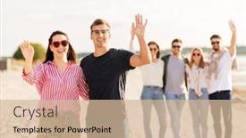  Presentation with relationships - Cool new PPT theme with valentine's day relationships and people concept - happy couple with group of friends on beach in summer waving hands backdrop and a soft green colored foreground