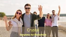  Presentation with relationships - Slide set consisting of valentine's day relationships and people concept - happy couple with group of friends on beach in summer waving hands background and a violet colored foreground