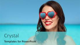  Presentation with lipstick - Cool new slides with valentines day beauty and people concept - happy smiling young woman with red lipstick and heart shaped sunglasses over ocean and blue sky background backdrop and a arctic colored foreground