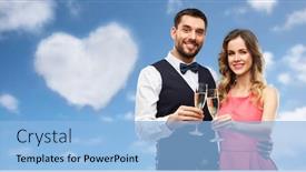  Presentation with toasting - Theme consisting of valentines day celebration and people concept - happy couple with champagne glasses toasting over blue sky and heart shaped cloud background background and a light blue colored foreground