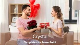  Presentation with relationships - PPT theme featuring valentines day couple relationships and people concept - happy man giving woman flowers and present at home background and a coral colored foreground