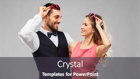  Presentation with love heart - Theme consisting of valentines day love and people concept - happy couple in heart-shaped sunglasses over grey background background and a dark gray colored foreground