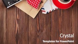  Presentation with valentines day - PPT theme having valentines day toy heart camera coffee and mail on wooden table top view with copy space background and a tawny brown colored foreground