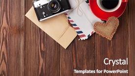  Presentation with wooden toy - Slide set with valentines day toy heart camera coffee and letters top view on wooden table background and a tawny brown colored foreground
