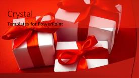  Presentation with satin - PPT theme enhanced with valentines gift boxes tied with a red satin ribbon bow on red satin background background and a red colored foreground