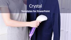  Presentation with women - Beautiful PPT layouts featuring valet - women steaming shirt in room backdrop and a navy blue colored foreground