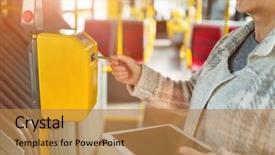  Presentation with ticket - PPT theme featuring validation - senior woman commuting background and a coral colored foreground