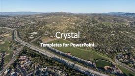  Presentation with freeway - PPT theme with vally ball - aerial view of homes parks background and a dark gray colored foreground